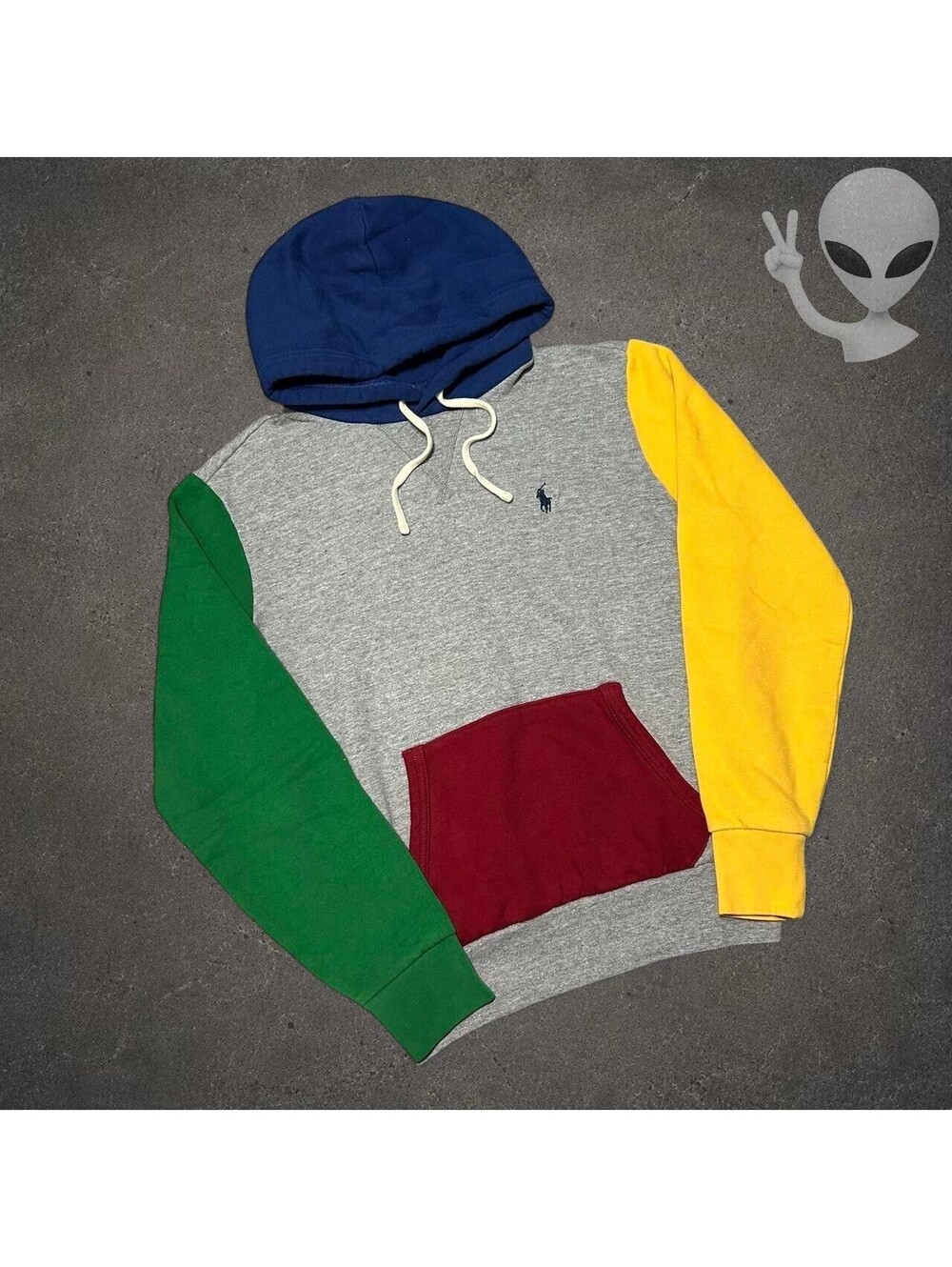 Polo Ralph Lauren Colorblock Fleece Hoodie Mens XS Gray Blue Green Yellow